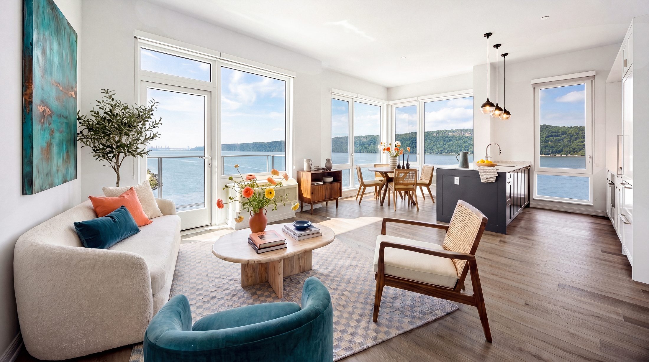 Living and dining room with floor-to-ceiling windows over the Hudson River