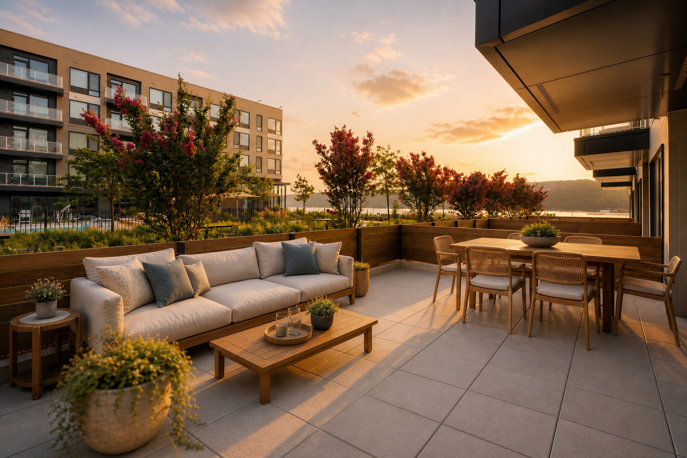 Private terrace at sunset over the Hudson